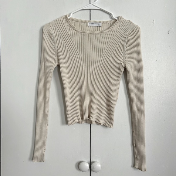 Stradivarius Ribbed Long Sleeve Shirt in Ecru - Picture 1 of 4